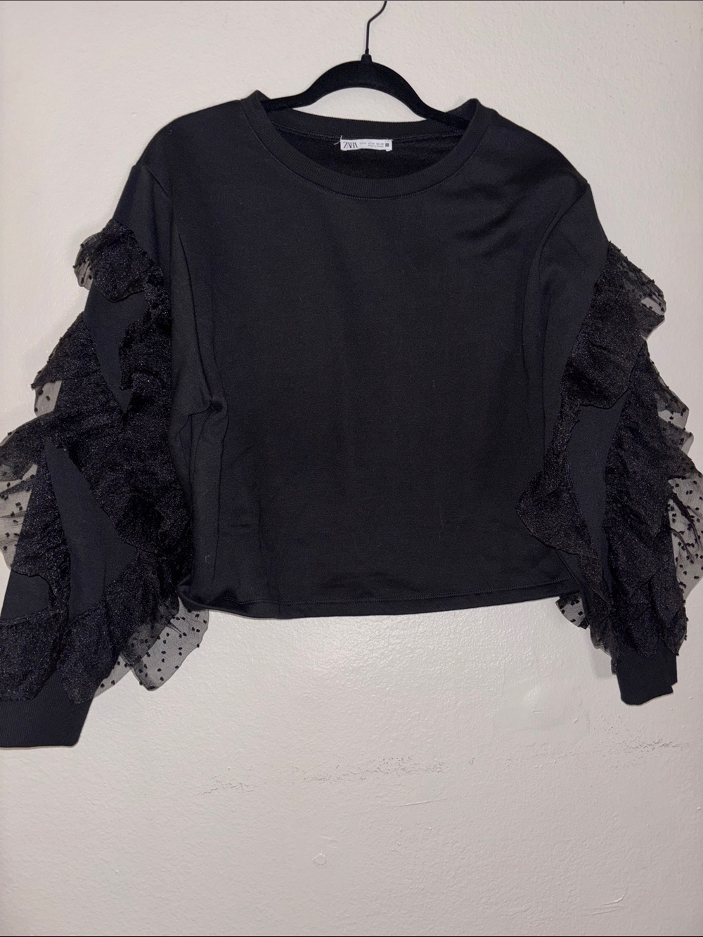 Zara Black Ruffle & Dotted Tulle Sleeve Sweatshirt